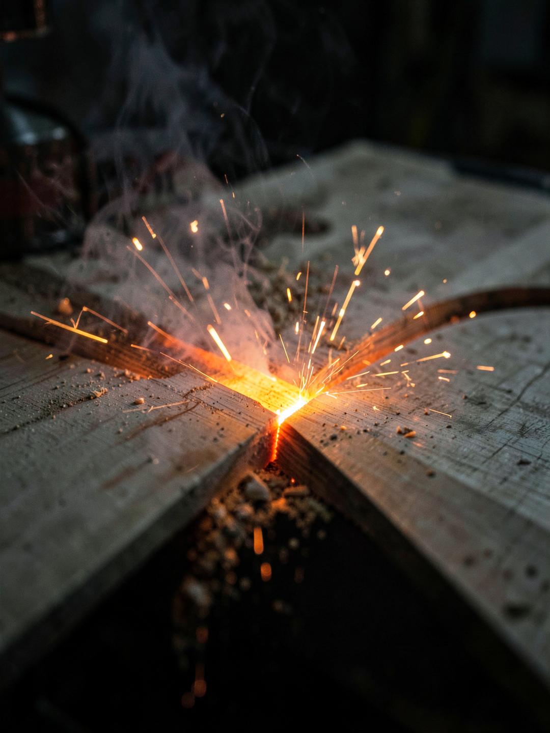Láser cortando una tabla de madera con chispas en el taller